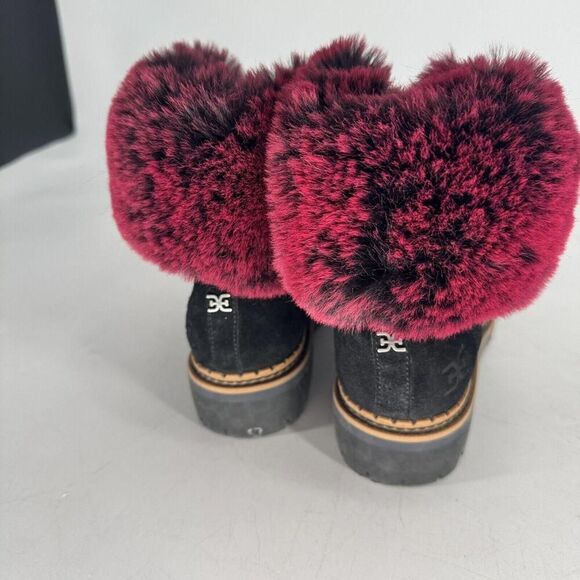 Sam Edelman Women’s Boots Bowen Black Suede Pink Fur Trim Lace Up Combat Sz 8 - Picture 4 of 7